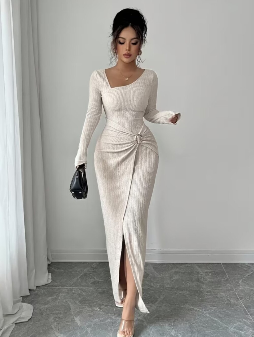 Women'S Solid Color Twisted Split Maxi Dress Asymmetrical Neck Slim Bodycon Fall
